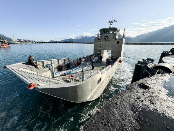 Bowhead Transport shallow draft vessel in water in Seward Alaska.