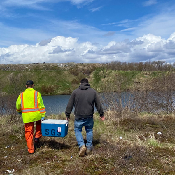 Two field staff in high-visibility gear carrying a blue cooler to conduct water sampling beside a tundra pond